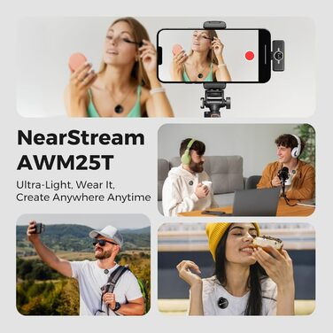 NearStream Бездротовий петличний мікрофон для iPhone/Android, AWM25T, Lightning/USB-C, шумозаглушення, 24 години роботи, для стрімінгу, влогів, подкастів