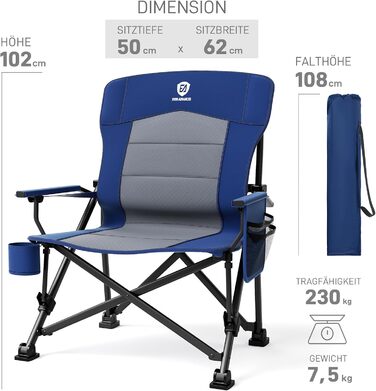 Крісло для кемпінгу EVER ADVANCED складне, 230 кг, XL, широке сидіння 62 см, з кишенею та тримачем для напоїв, для відпочинку на природі, риболовлі, балкону, саду (блакитне, підтримка попереку)
