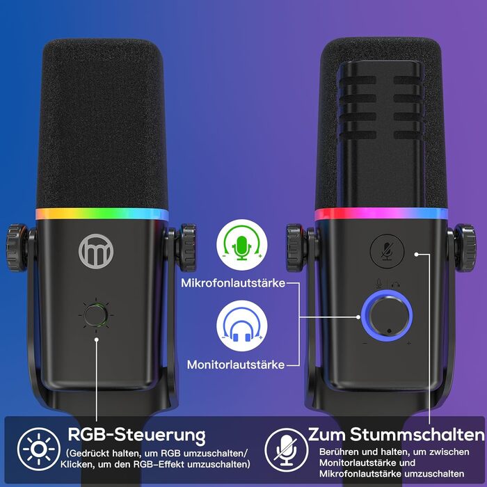 Динамічний мікрофон Haomuren XLR/USB з RGB-підсвіткою для геймінгу, подкастів та YouTube