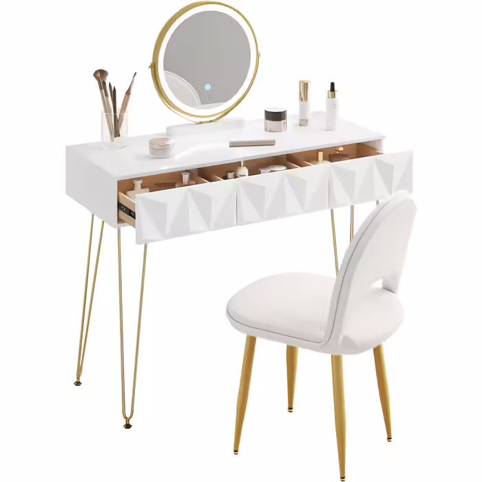 EUGAD Vanity Table with Stool and Mirror, 360° Swivel Makeup Mirror, Dressing Table Cosmetic Table with 2 Drawers, Upholstered Velvet Stool, 3D Effect Drawer, White and Gold (100x40cm, with LED Lighting)