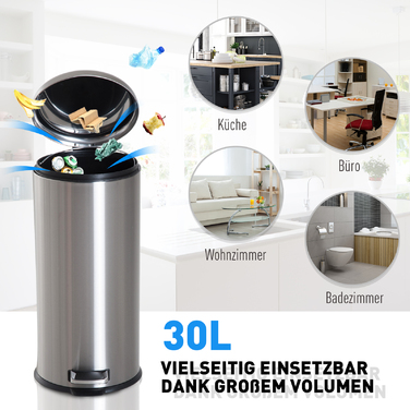 HOMCOM 30L Stainless Steel Pedal Bin with Inner Bucket, Flip Lid, Hygienic and Silver for Kitchen and Bathroom
