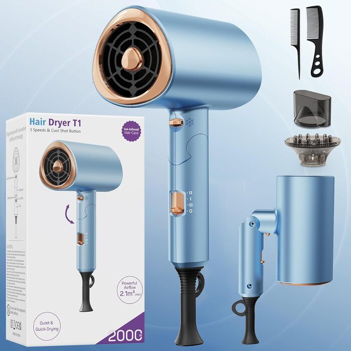 Складаний фен з іонізацією 2000 Вт, професійний, швидко сушильний, 2 швидкості, 3 режими нагріву, холодний струмінь, дифузор, концентратор, гребінці для укладки, для чоловіків та жінок, у подорожі