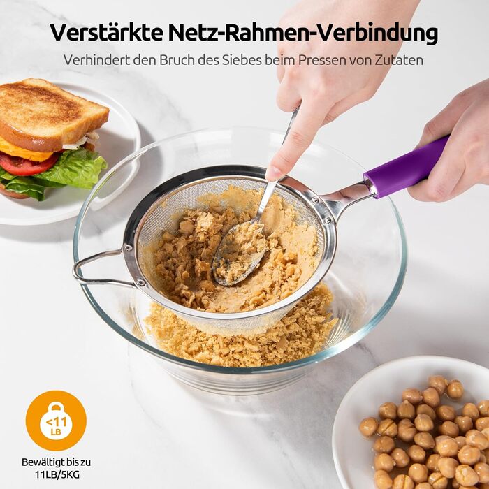 U-Taste кухонне сито з нержавіючої сталі 18/8, середній розмір, металеве дрібнопористе ситечко з міцною заклепкою і силіконовою ручкою для просіювання борошна, чаю, рису, кіноа, фіолетове, 12 см