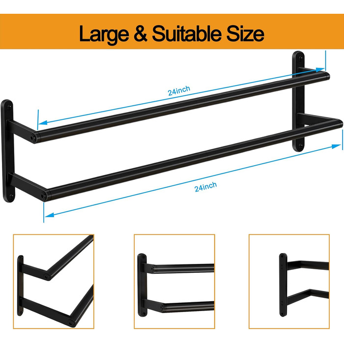 Тримач для рушників на стіну, 60 см, нержавіюча сталь, чорний, для ванної, спальні, кухні