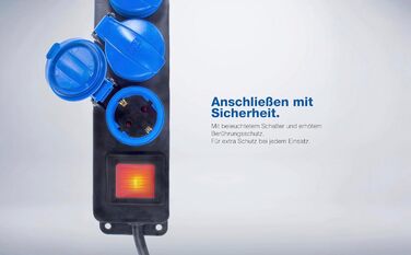 Розподільник розеток Schwabe 3-fach з вимикачем, заземленням, кришкою, 1.5 м, для зовнішнього використання, 230V, 16A, IP44, чорний, синій