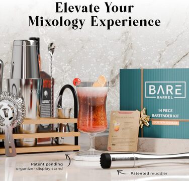 Bare Barrel® Cocktail Shaker Set - 14 Piece Mixology Bar Set with Boston Shaker, Martini Accessories, & Recipe Cards - Perfect Home Bar Gift Set