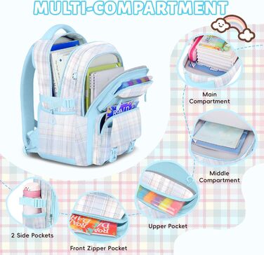 Шкільний рюкзак Tanou для дівчаток, великий, ергономічний, модний каро - ідеальний для підлітків та подорожей (блакитний)