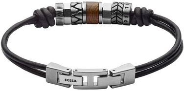 Чоловічий браслет Fossil з нержавіючої сталі та шкіри з застібкою-метеликом, колір: вугільно-чорний