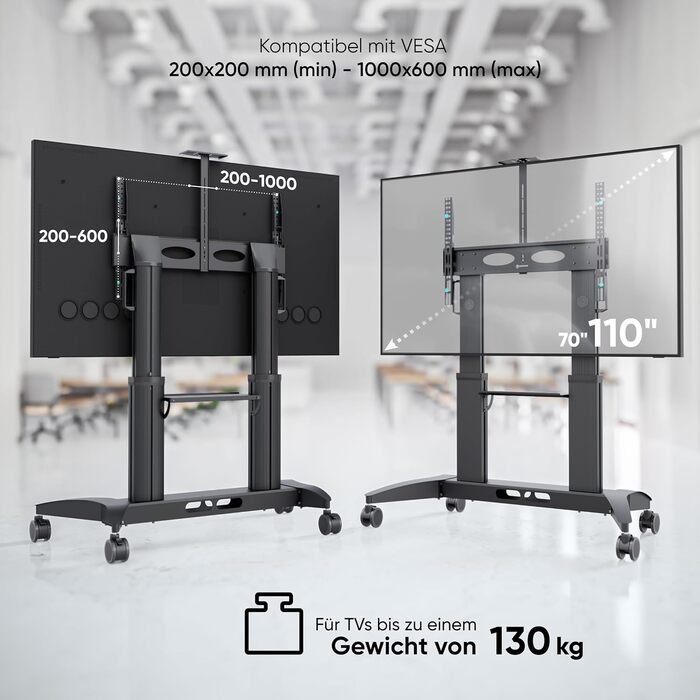 ONKRON Mobile TV Stand for 32-75 inch TVs - Adjustable Height, VESA 600x400, Rolling TV Cart - Black TS1571-B (TS2821)