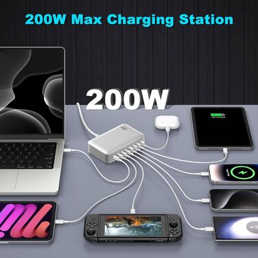 Зарядний пристрій USB-C 200W, 8 портів, GaN адаптер для MacBook Air/iPad/iPhone 15/16/Galaxy S23 - Білий