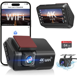 Відеореєстратор Chortau Dashcam 4K+1080P з двома камерами, WiFi, LCD 3 дюйми, 64GB SD, Нічне бачення, G-сенсор, Park Mode