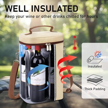 Kato Tirrinia Insulated Wine Cooler Bag, 4 Bottle Cooler Bag Wine Bag Beverage Bags with Handle and Adjustable Shoulder Strap, Gift for Wine Lovers for Picnics, Parties, Beach