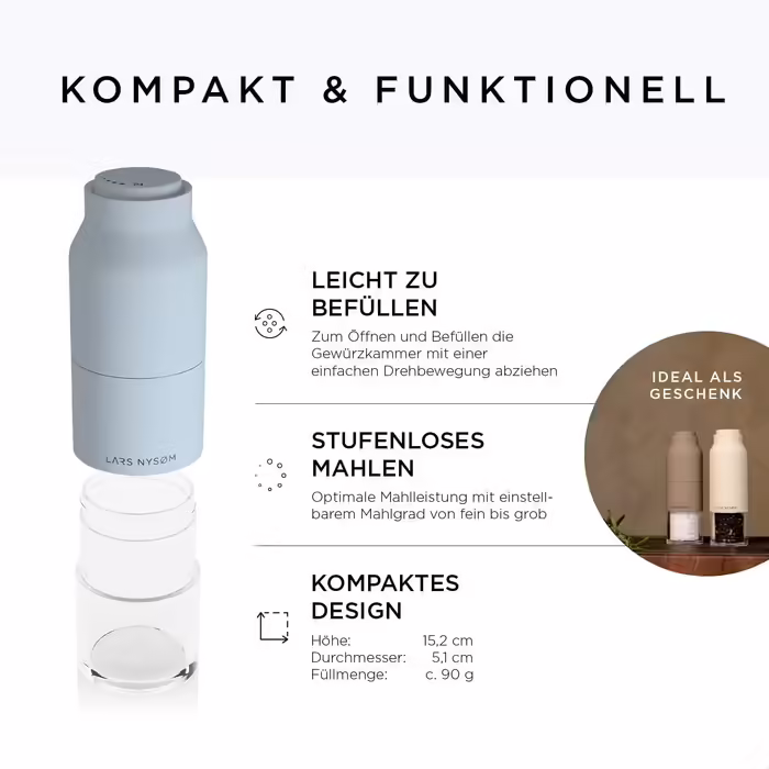 LARS NYSØM Salt and Pepper Grinder Set Stainless Steel with Adjustable Grinder | Bottle Design Spice Grinder Set Manual (Blue)