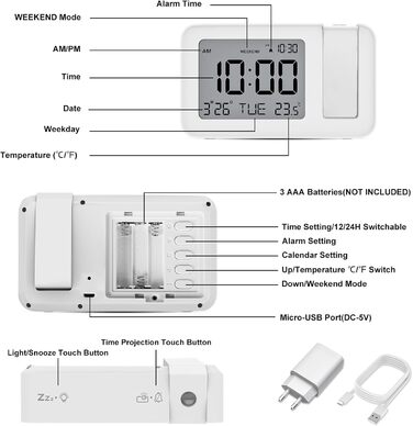 CHEREEKI Projection Alarm Clock, Alarm Clock with Indoor Temperature, 4 Adjustable Projection Brightness, 9-Minute Snooze Function, Digital Alarm Clock Suitable for Office and Bedroom