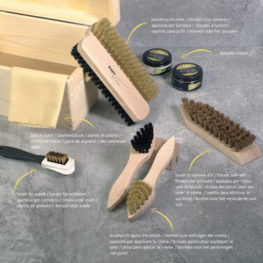 Kaps Complete Shoe Cleaning and Care Set | 9-Piece Shoe Care Set for Leather Boots and Shoes | Shoe Cleaning Kit Packaged in a Wooden Gift Box