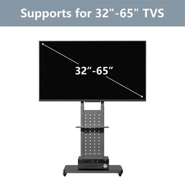 Підставка для телевізора Unho на коліщатках, поворотна 90°, регульована по висоті, з 2 полицями, для телевізорів 32-65