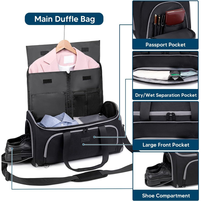 Suit Bag, Garment Bag Travel Duffel for Suits, Convertible Garment Duffel Bag for Men and Women, 4 in 1 Suit Bag Hanging Bag with Shoe Bag (Black)