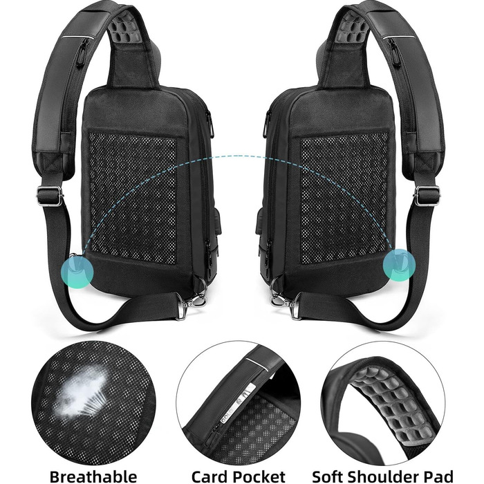 Чоловіча нагрудна сумка GYakeog Crossbody Bag: водонепроникна, з USB-зарядкою, для роботи, подорожей, велоспорту та піших прогулянок - чорна