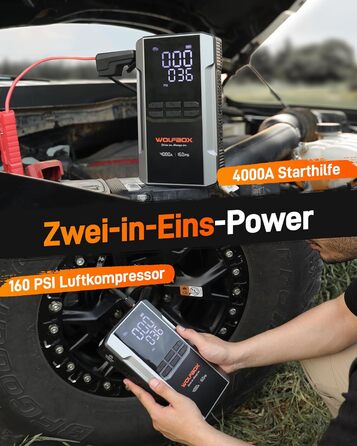 WOLFBOX 4000A: Портативний пусковий пристрій з компресором 160PSI, 12V, 65W, 88.8Wh для бензинових/дизельних двигунів, LED-ліхтар, кабелі для підключення
