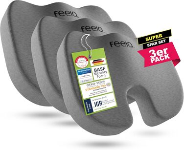 Ортопедична подушка для сидіння Feela® [3 ступені жорсткості] - Ергономічна подушка для офісного крісла та інше - Зменшує біль, підвищує комфорт сидіння, покращує кровообіг та знімає навантаження з куприка (Medium) (Hard (80-130 kg), Набір 3 шт., Темно-сі
