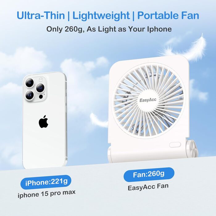 EasyAcc USB вентилятор: мініатюрний, тихий, настільний з гарантією 2 роки. Потужний, з 3 швидкостями, поворот на 360 градусів. Ідеальний для офісу, дому, робочого столу. (Білий, прямокутний, акумулятор 4000mAh)