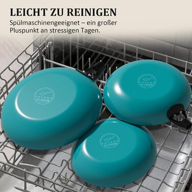 Набір сковорідок YUTANN 3 шт. з чавуну, з антипригарним покриттям, знімний дерев'яний ручка, для газової плити, індукції, духовки, без PFAS/PFOA, легко миються, блакитний