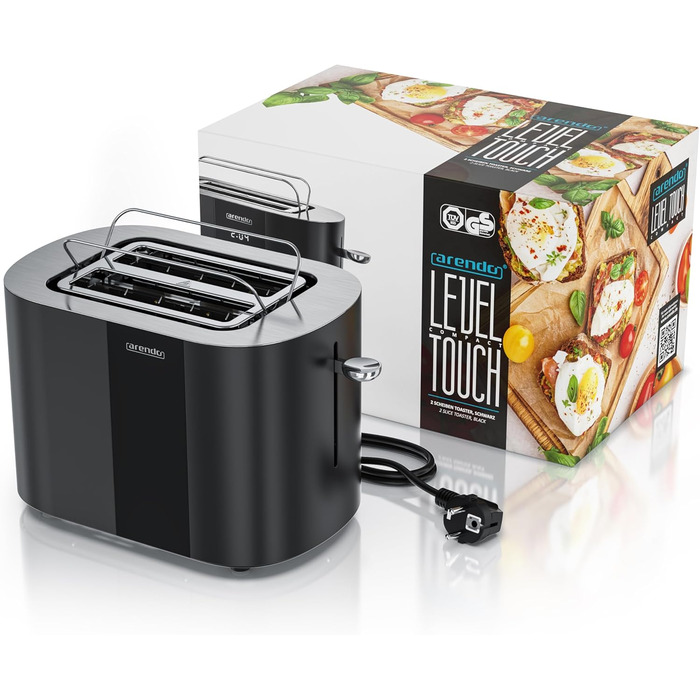 Тостер Arendo з нержавіючої сталі, 2 відділення, сенсорний екран, подвійні стінки, 800 Вт, підставка для тостів, 6 рівнів підсмажування, центрування хліба, індикатор часу, функція пам'яті, колір: чорний