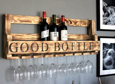 Wooden Wall-Mounted Wine Rack - with Glass Holder and VINO Sign - Flamed - Fully Assembled - Shelf for Wine Bottles and Glasses (Brown / Flamed (with Black Good Bottle Sign))