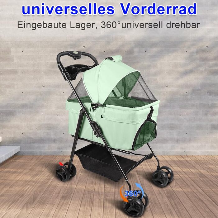 Візок для собак та котів OHMG, складний, до 20 кг, з гальмами, великий кошик, 3 вікна, тримач для напоїв, зелений (50 x 65 x 99 см)