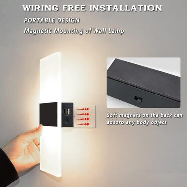 LED-стінна лампа VOMI з датчиком руху, акумуляторна, бездротова, USB-зарядка, 4000mAh, для коридору та сходищ, 2 білих світлодіода (сенсорне керування, 6000K)