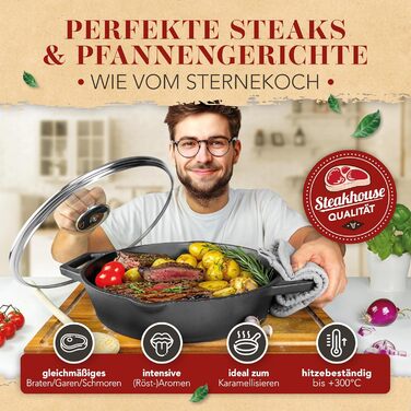 Чавунна сковорода гриль Krustenzauber 26 см з індукційним дном та двома ручками - рифлена, для смаження м'яса та овочів