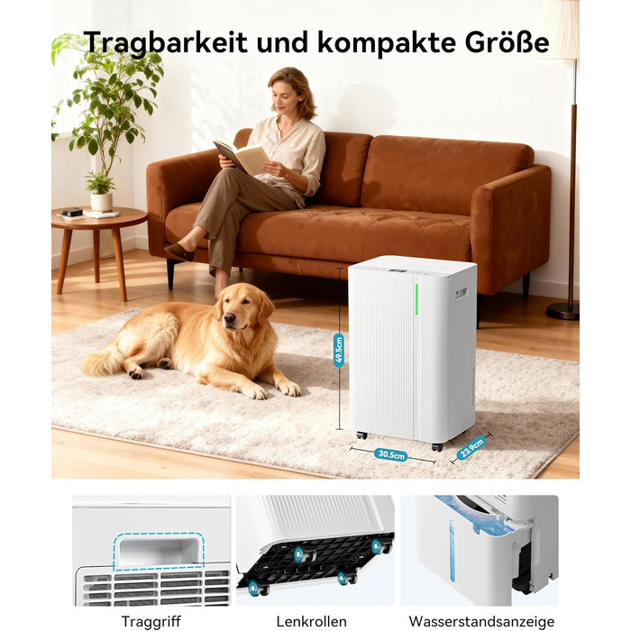 EUHOMY 20L Електричний Відбійник Повітря для Квартири/Будинку, для Підвалу 150м³/50м², Тихий та Економний, з Автоматичним Відтаненням, Шлангом, Фільтром, Таймером, 20л/день