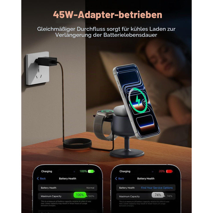 Бездротова зарядна станція 3-в-1 GEEKERA Qi2.2 25W для Apple: MagSafe зарядний пристрій для iPhone 17/16/12, Apple Watch та AirPods, адаптер GaN 45W, Phantom Grey