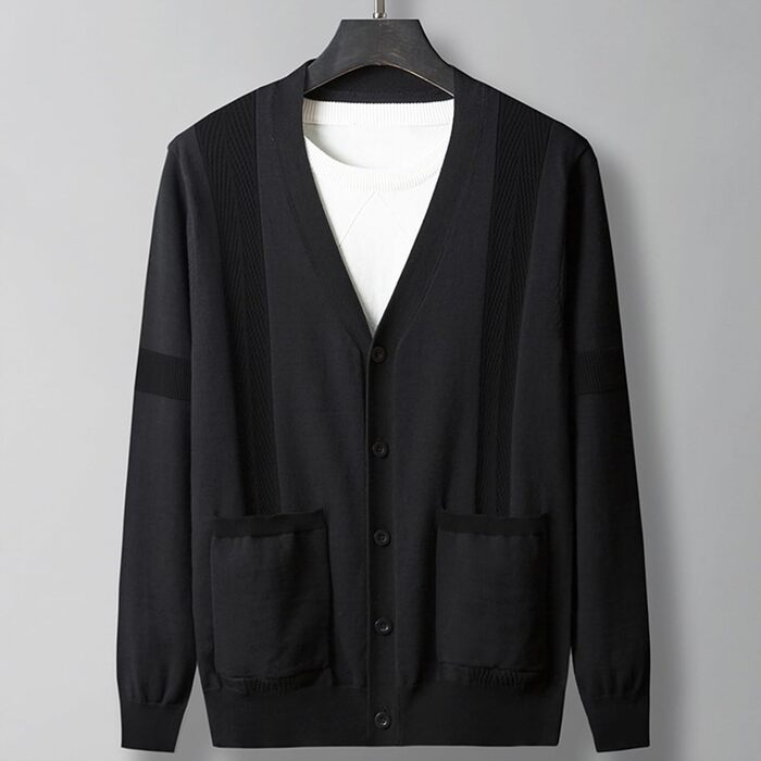 Чоловічий кардиган з в'язаного полотна, чорний, XL. Зручний чоловічий пуловер з V-подібним вирізом, довгі рукави, з кнопками та кишенями. Ідеальний для зими.