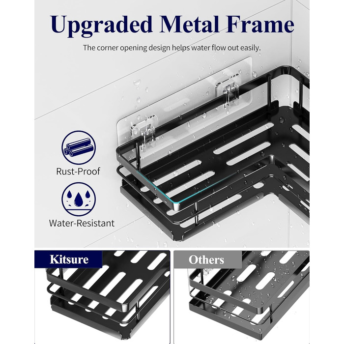 Поличка для душу Kitsure без свердління – 2 шт. Стабільне душове решітка без свердління з швидким стоком, нержавіючою статтю та міцним клейким кріпленням для ванної кімнати, 22,0 x 22,0 x 5,0 см, Чорний