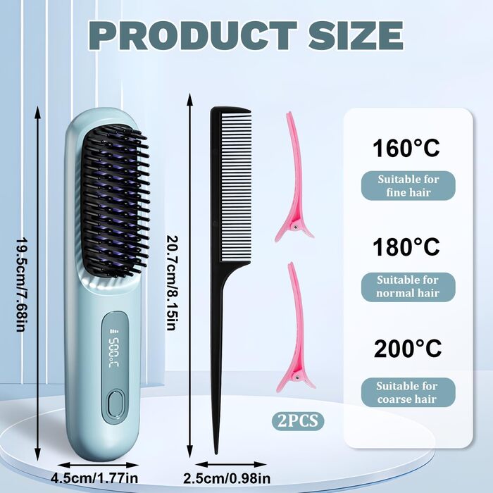 Бездротова щітка-випрямляч для волосся Mini Hair Straightener, 160-200°C, LED дисплей, 3 температурні режими, M2