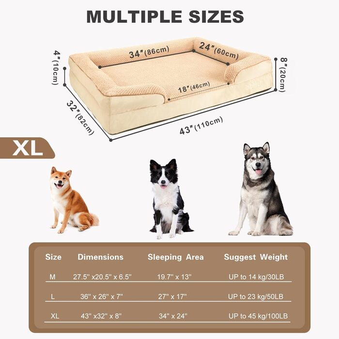 JOYELF Orthopedic Dog Bed for Large Dogs, Waterproof Foam Sofa with Removable, Washable Cover and Non-Slip Bottom for Small to Medium Dogs - (X-Large - 110*82*20cm, Khaki)