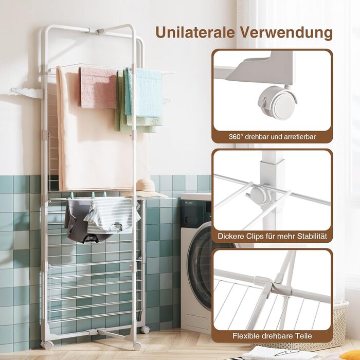 Стійка для сушіння білизни Innotic з 4 рівнями, складна та компактна на колесах, 168 см, для балкону та маленьких квартир, біла