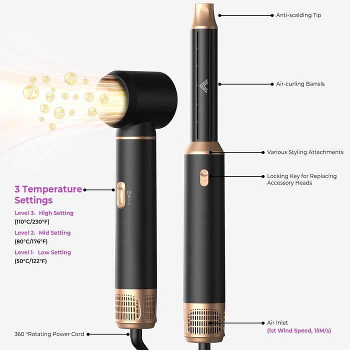 Airstyler 5 в 1: Фен-щітка, локони, випрямлення. Набір для волосся, чорний/золотий