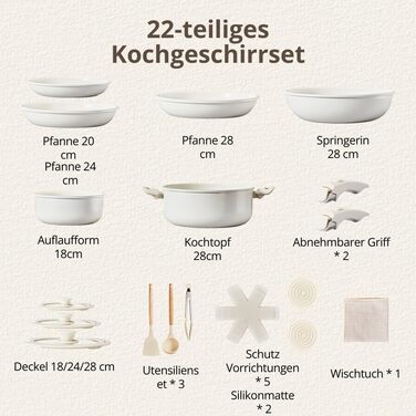 Набір каструль LEADZM з керамічним покриттям, 22 шт., для всіх плит, індукційні, без PFOA/PFOS (Бежевий)