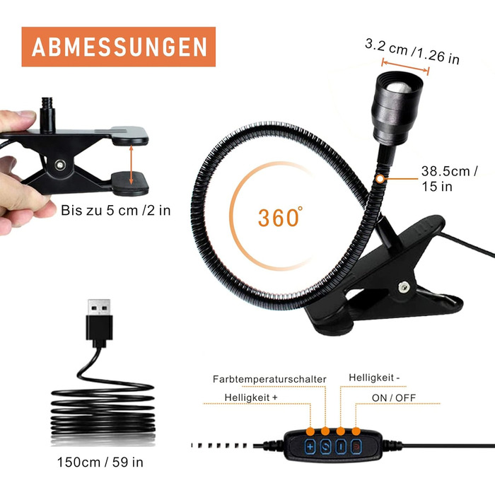 Світлодіодна приліжкова лампа з кліпсою Zoombare: диммер, гнучкий гусак, 3 режими світла, 10 рівнів яскравості, чорна