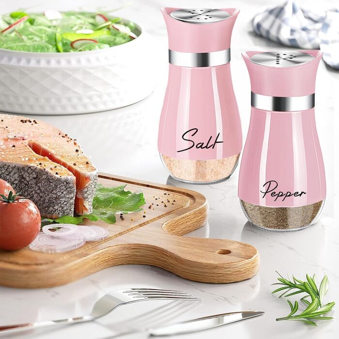 Набір для солі та перцю з нержавіючої сталі з скляною пляшечкою, дозатор спецій, кухонне приладдя для дому, кухні, ресторану, обіднього столу (Рожевий)
