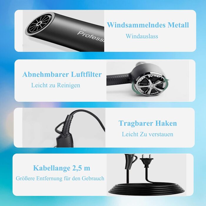 Іонний фен LOEVERY з потужним AC мотором 2400W, дифузором та 3 насадками, для професійного та домашнього використання, чорний