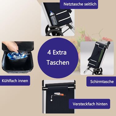 Великий колісний візок для покупок 64L, розкладний, до 60кг, з відділенням-холодильником, з відбивачем, чорний