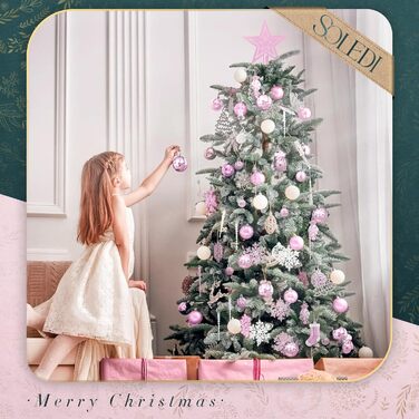 Набір ялинкових прикрас SOLEDI® 128шт. Преміум якість: рожеві та білі пластикові кулі з зіркою та верхівкою. Міцний та безпечний набір прикрас з петельками. Яскраві ялинкові кулі, багаторазовий декор для Різдва.