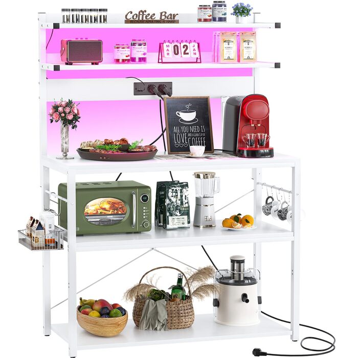 Кухонна полиця-стійка з розеткою, підставка для мікрохвильовки, 5-рівнева кавобара з LED-підсвічуванням, 80 см, білий колір