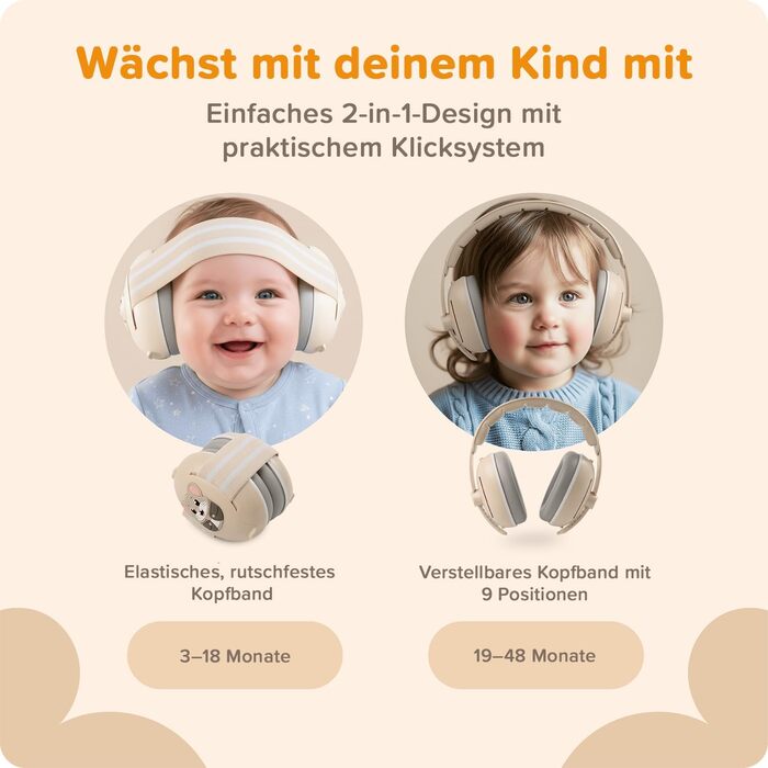 Навушники шумоізоляційні дитячі 3-48 місяців - захист слуху для малюків 25dB, зменшення шуму - м'які дитячі навушники з еластичним та регульованим обручем, бежевий
