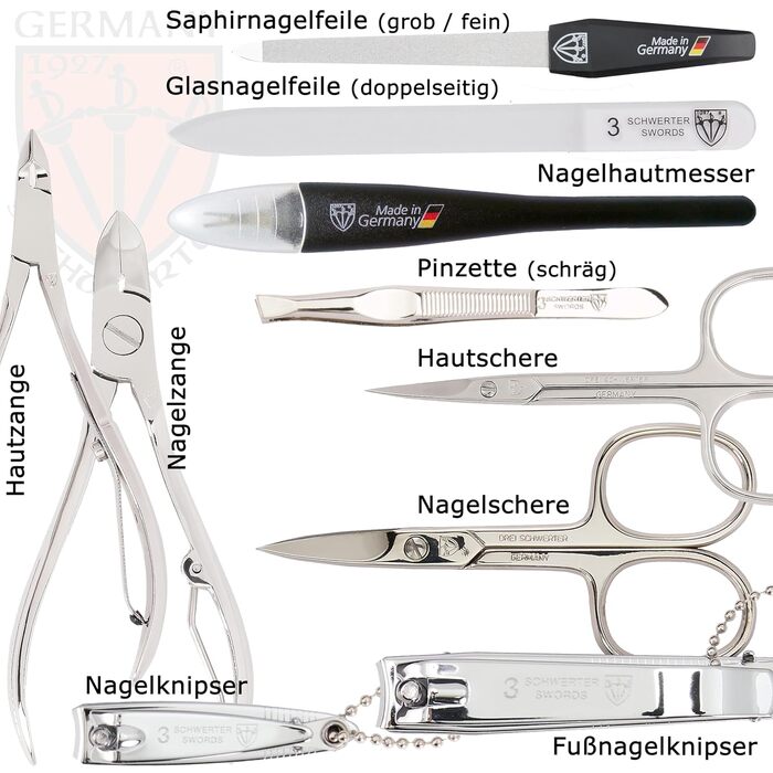 Набір для манікюру DREI SCHWERTER 'Spezia' 10 предметів | Німецький бренд | У футлярі з червоного шкірозамінника | Манікюрний набір для подорожей