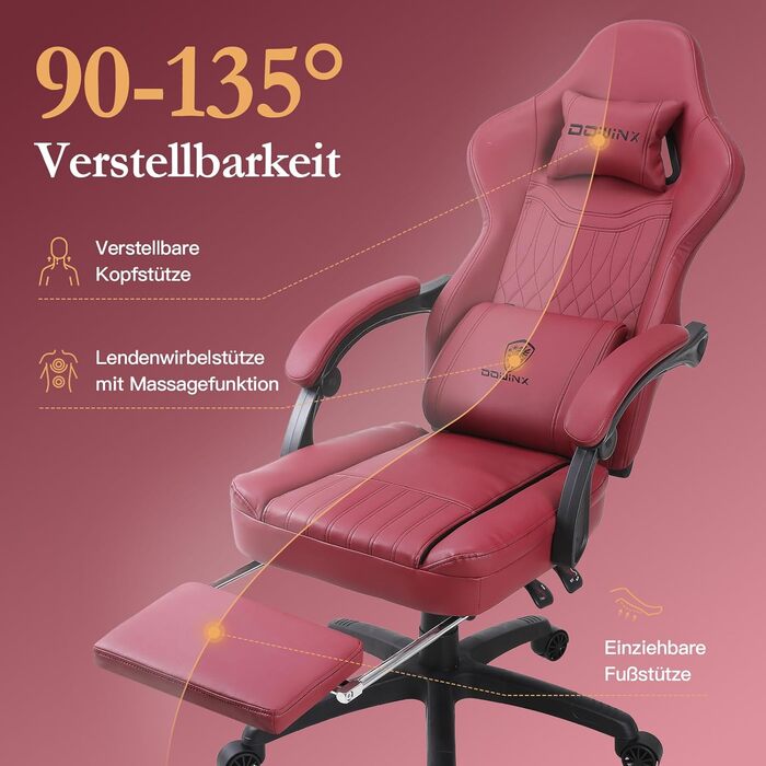 Ігровий крісло Dowinx з пружинним сидінням та масажем попереку, ергономічний геймерський крісло з підніжкою, офісне крісло з PU шкіри (Червоний)