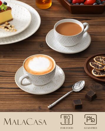 Набір кавових чашок MALACASA з блюдцем, 8 шт., для 4 особи, з рельєфом, 180 мл, кераміка, бежевий